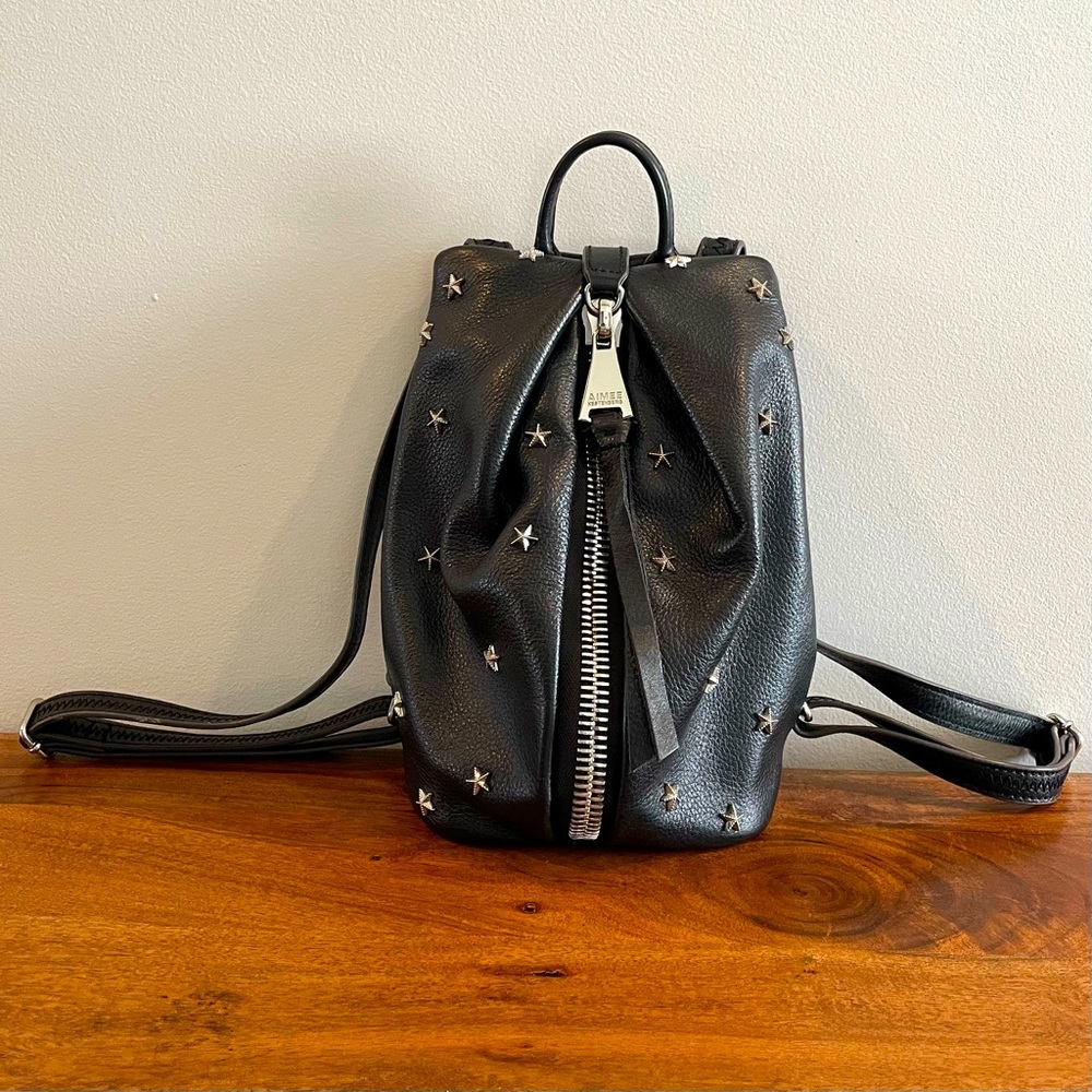 Aimee Kestenberg black leather mini backpack purse, silver star studs